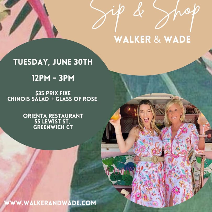 Two women in floral dresses holding drinks, advertising a "Sip & Shop" event at Orienta Restaurant.