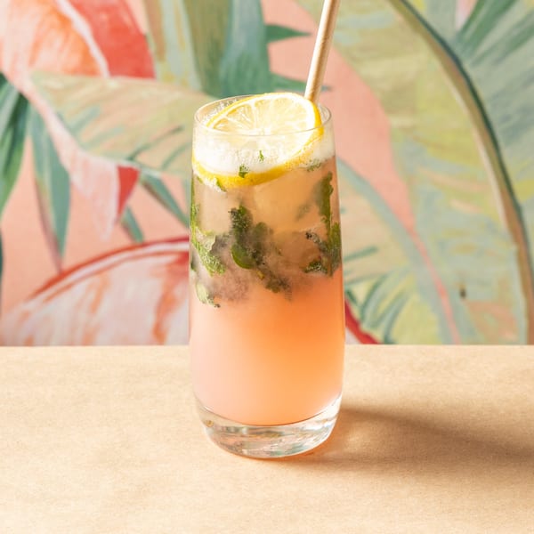 Pink cocktail with mint, lemon slices, and a straw, against a tropical leaf background.