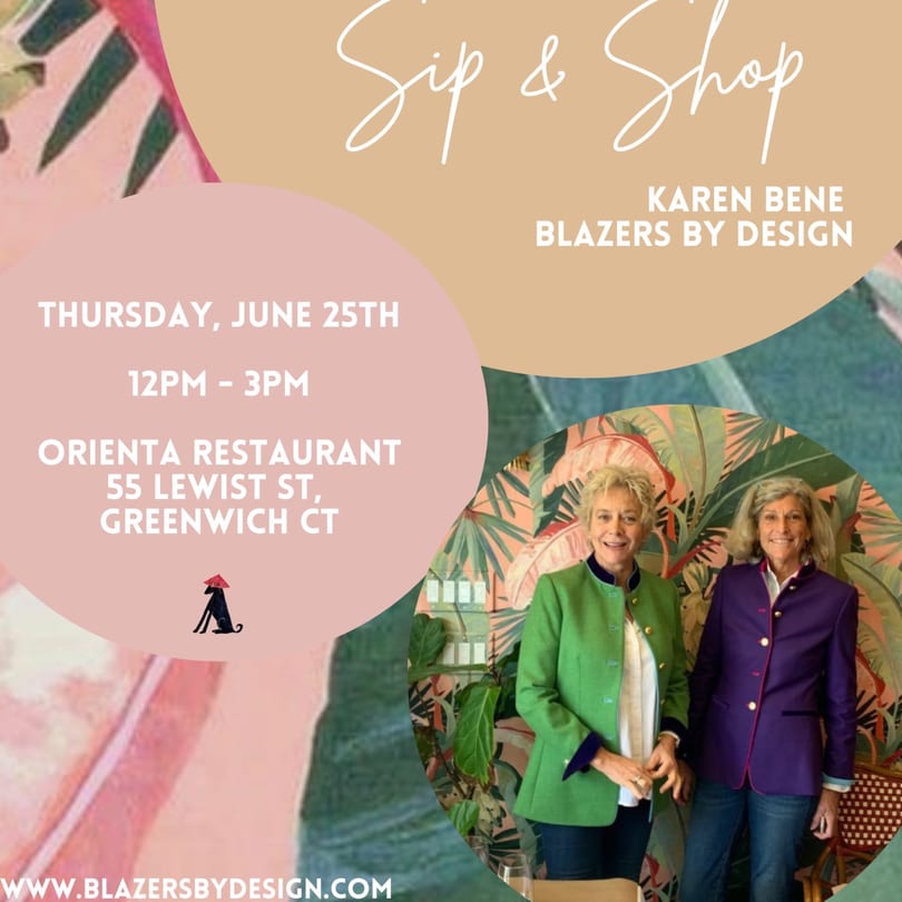 Two women in colorful blazers stand in front of a tropical-patterned wall, advertising a 'Sip & Shop' event.